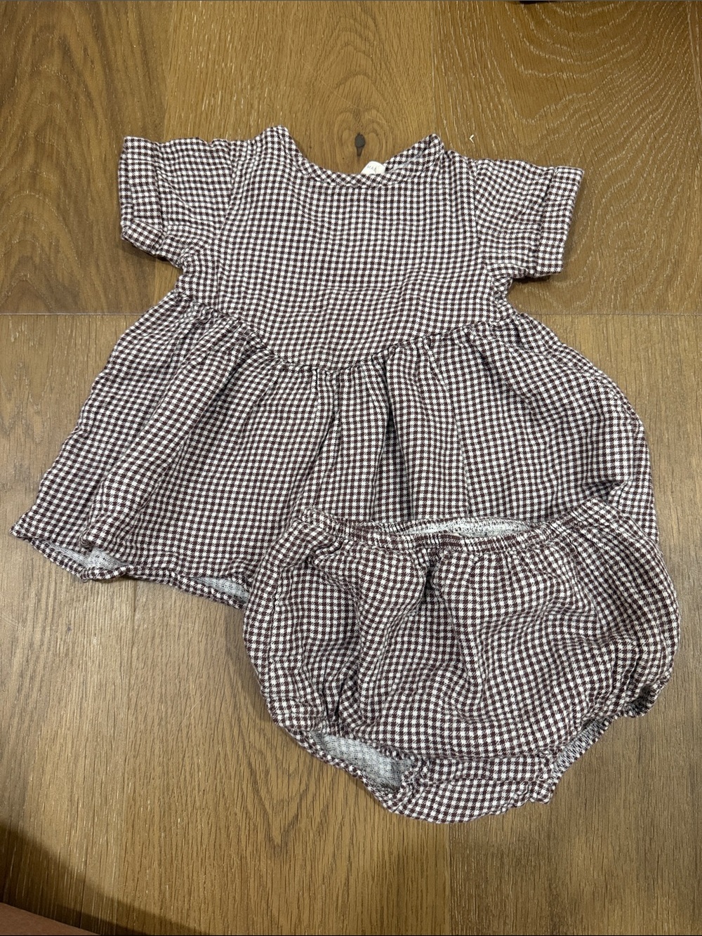 Brown gingham babydoll dress and bloomers Quincy Mae